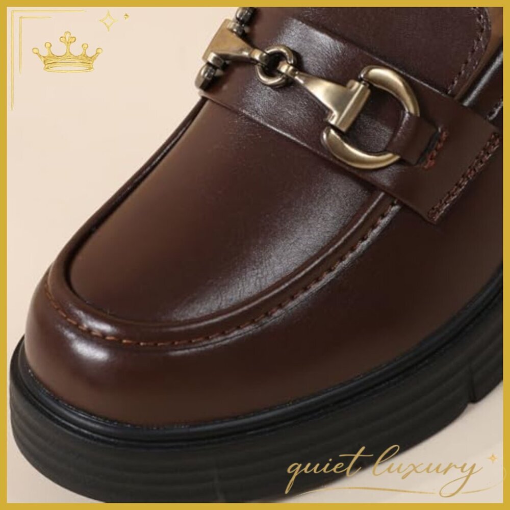 Leather Platform Loafers with Gold Buckle, Chunky Heel Slip-Ons - Picture 6 of 7
